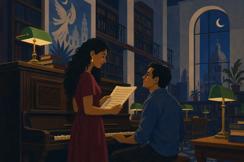 Cover illustration for The Night the Library Sang, B1 Spanish story