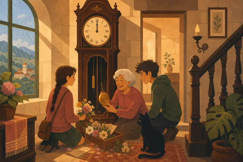 Cover illustration for Flowers at Twelve O'Clock, A0 Spanish story
