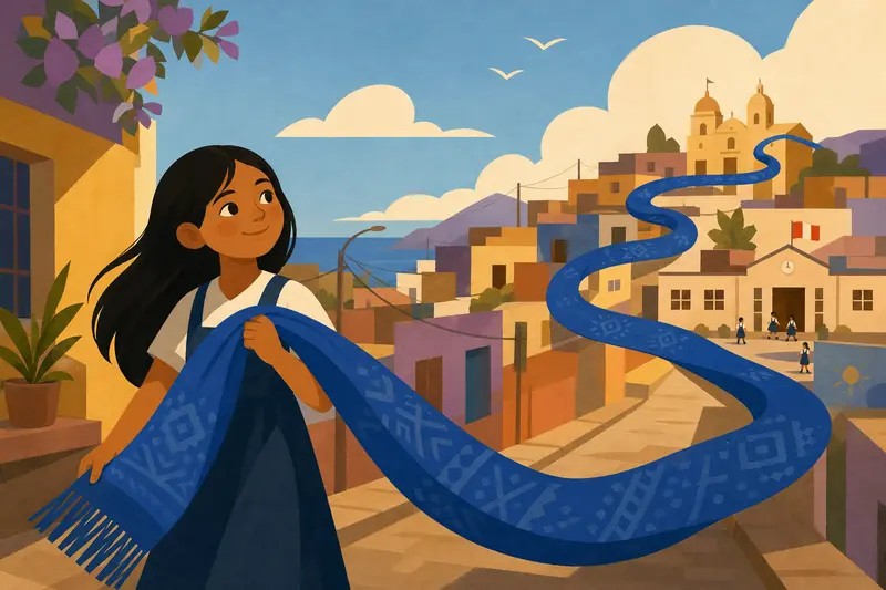 Cover illustration for The Blue Scarf, A1 Spanish story