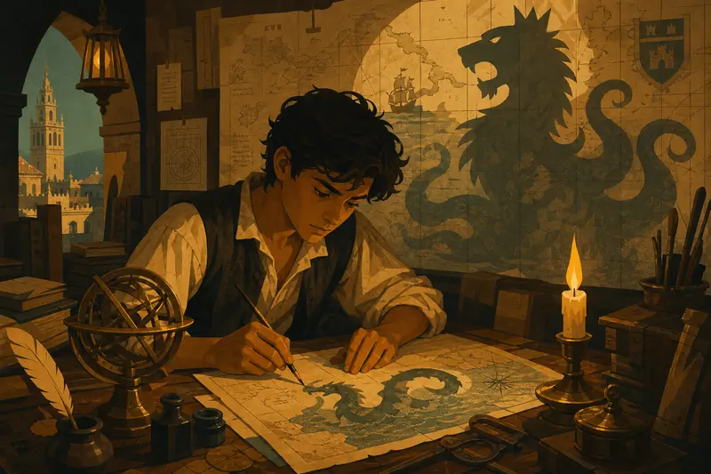 Cover illustration for The Cartographer's Monsters, C1 Spanish story