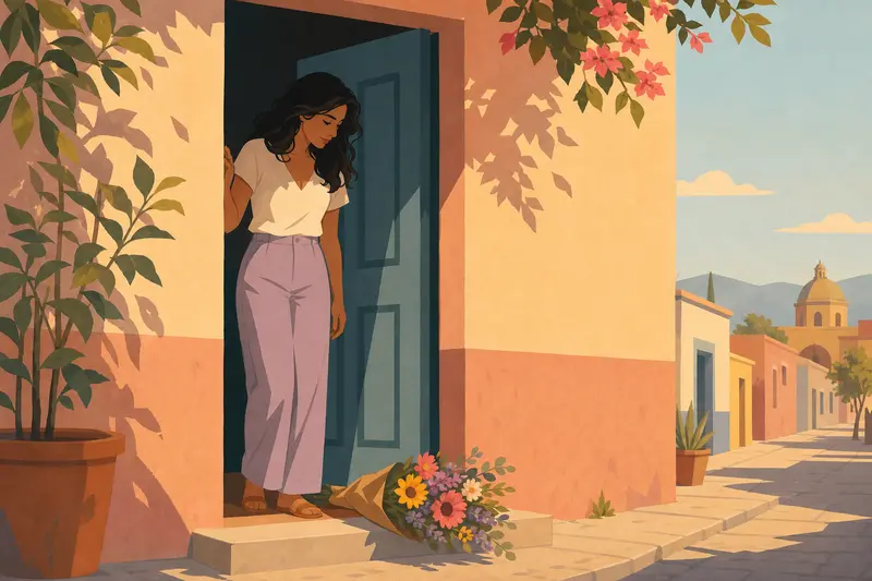 Cover illustration for Flowers on the Doorstep, A1 Spanish story
