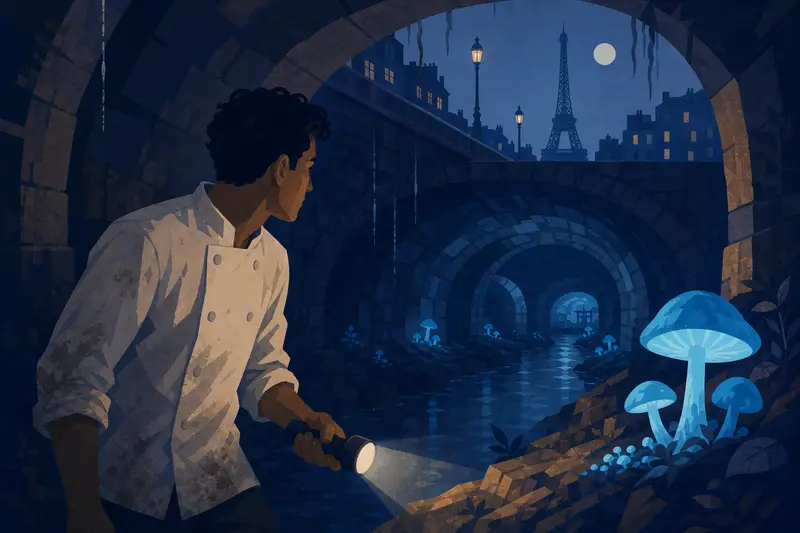 Cover illustration for The Blue Mushroom Under Paris, A2 Spanish story