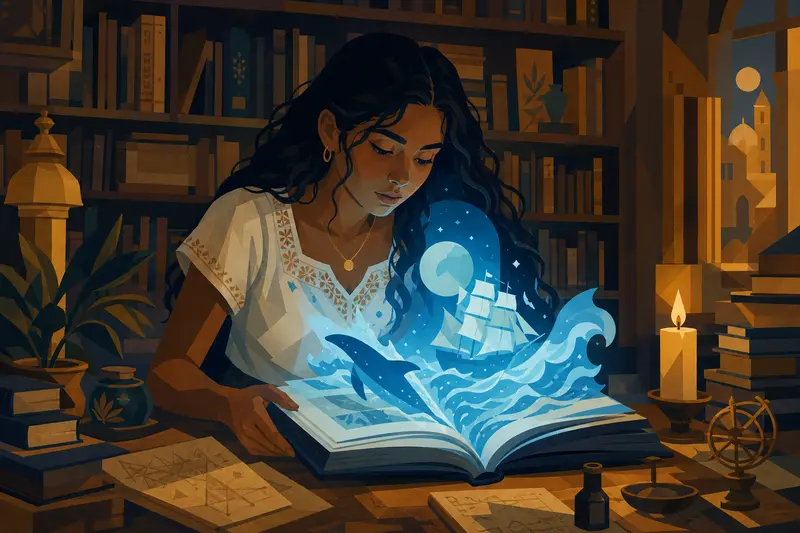Cover illustration for The Book of Blue Water, A0 Spanish story
