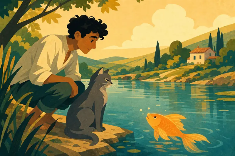 Cover illustration for The Fish Who Spoke Cat, A1 Spanish story