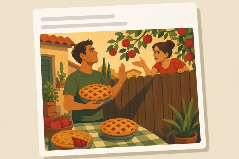 Cover illustration for AITJ for picking my neighbor's apples and refusing to share the pies I made?, B2 Spanish story