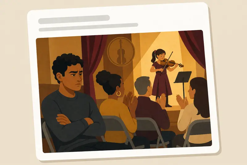 Cover illustration for AITJ for refusing to clap or praise my niece's violin recital because I believe honest critique matters more than empty applause?, C1 Spanish story