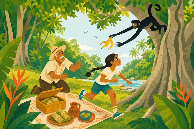 Cover illustration for The Trail of Mango Peels, A2 Spanish story