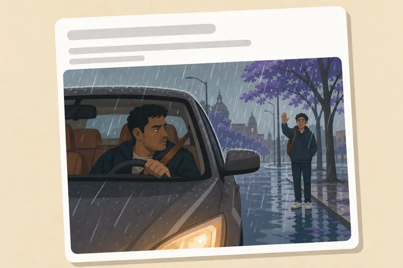 Cover illustration for AITJ for driving past my friend in the rain and pretending I didn't see him?, B2 Spanish story