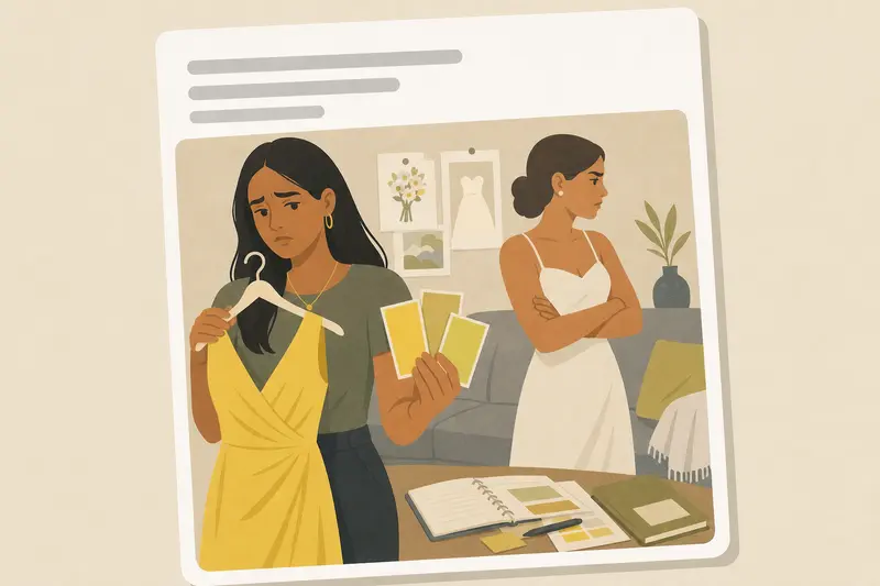 Cover illustration for AITJ for refusing to wear the yellow bridesmaid dress my best friend chose for her wedding?, B1 Spanish story