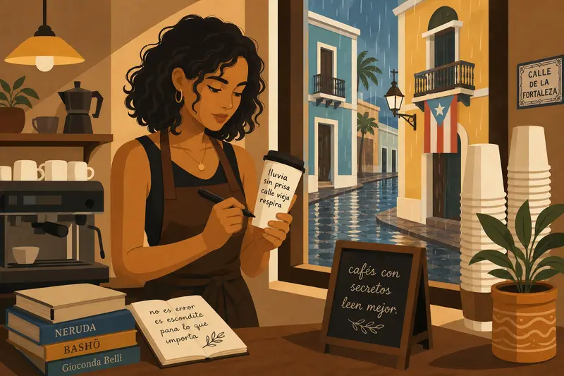 Cover illustration for The Barista's Secret Syllables, C1 Spanish story