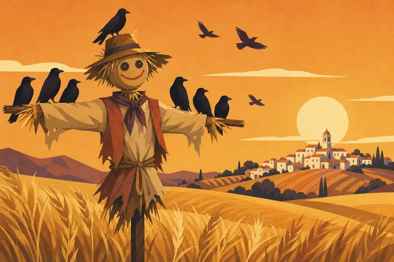 Cover illustration for The Scarecrow Who Chose the Wind, B1 Spanish story