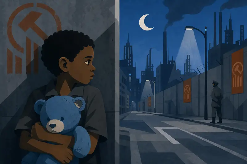 Cover illustration for The Blue Bear in the Gray Street, A0 Spanish story