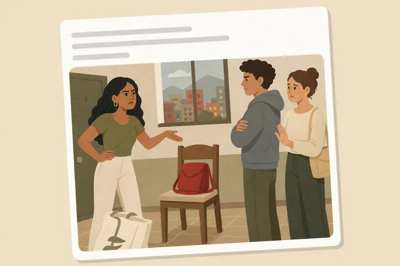Cover illustration for AITJ for taking my neighbor's red bag off the shared chair?, A0 Spanish story