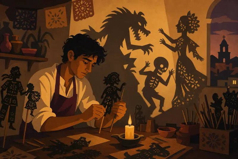 Cover illustration for The Puppeteer Who Fed His Shadows, B2 Spanish story