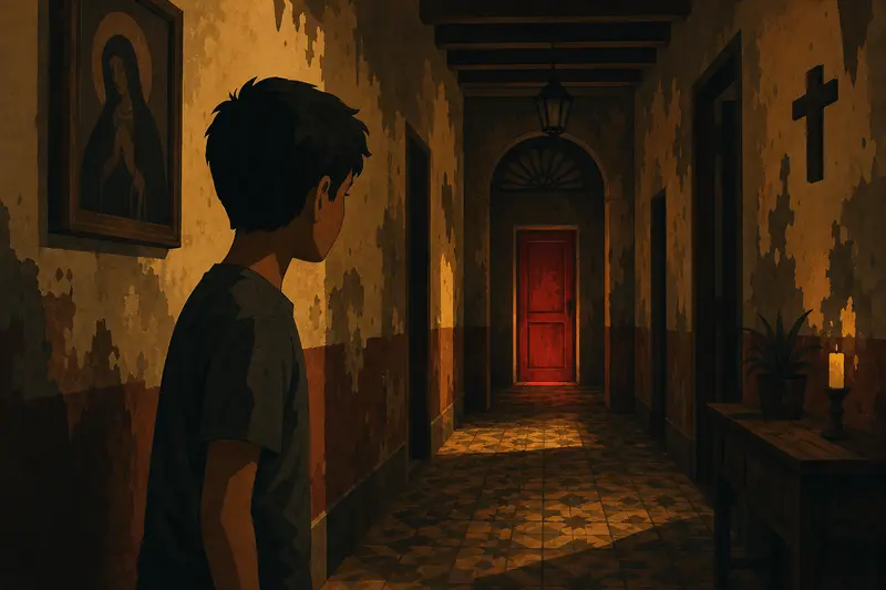 Cover illustration for What Lives Behind the Red Door, A0 Spanish story