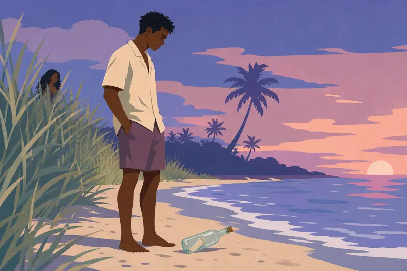 Cover illustration for The Bottle on the Shore, A2 Spanish story