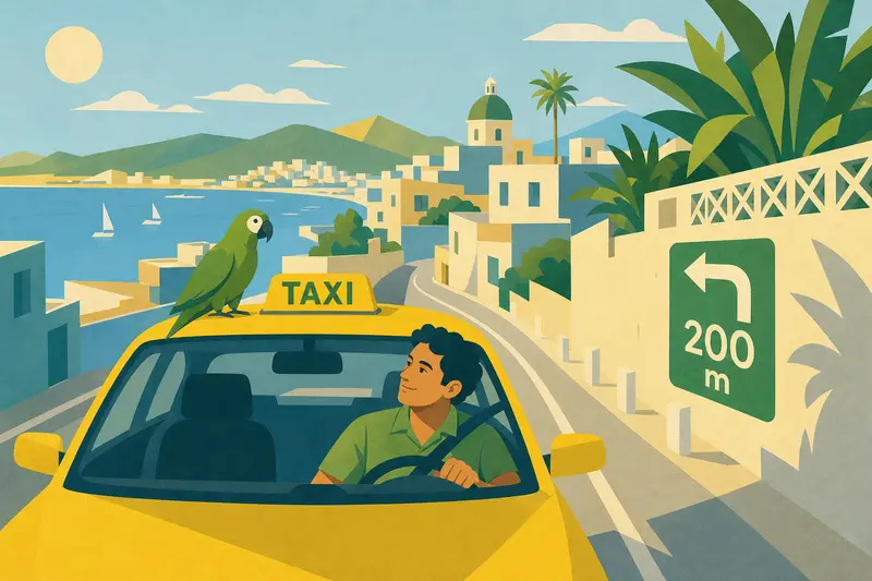 Cover illustration for Turn Left in Two Hundred Meters, A2 Spanish story
