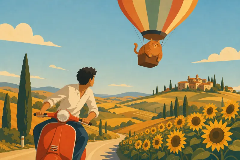 Cover illustration for The Cat Above Tuscany, A2 Spanish story