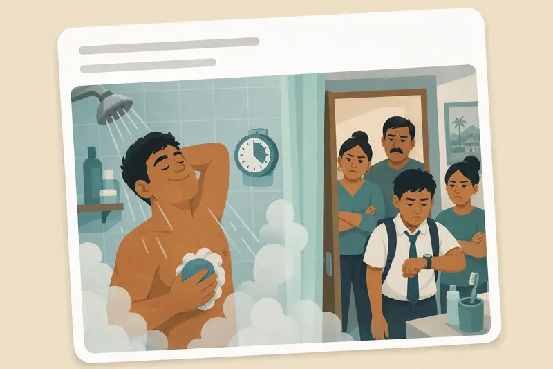 Cover illustration for AITJ for taking one-hour showers while my brother is late to school?, A1 Spanish story