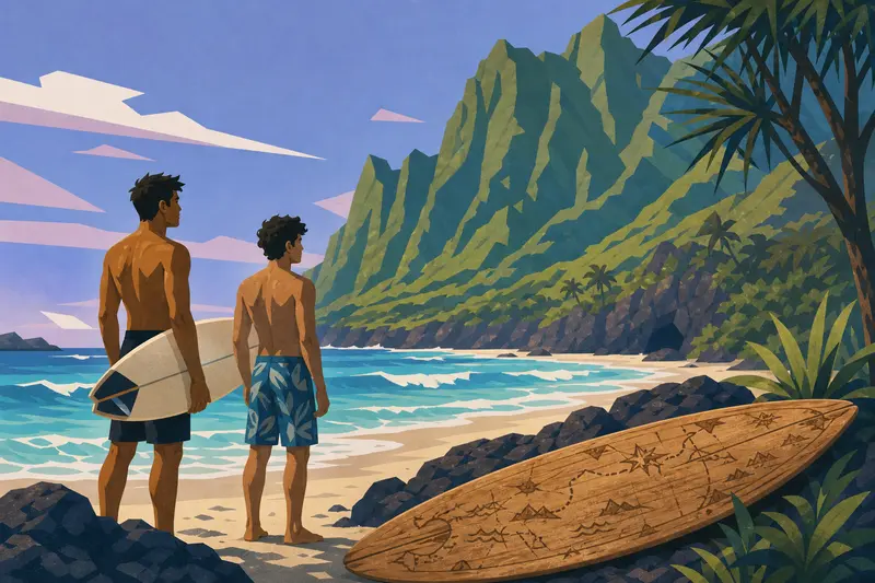 Cover illustration for The Surfboard Map, A2 Spanish story