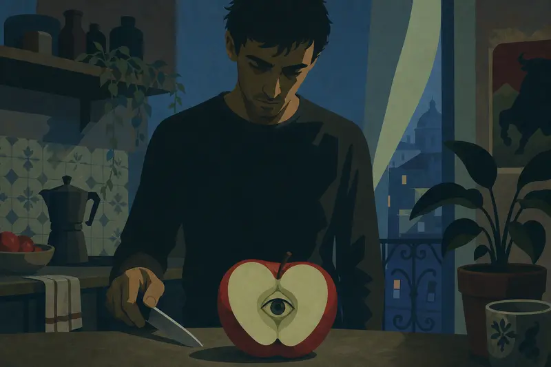 Cover illustration for The Eye Inside the Apple, A1 Spanish story