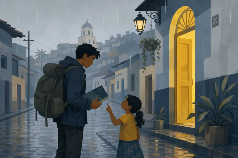 Cover illustration for Rain and a Yellow Door, A0 Spanish story