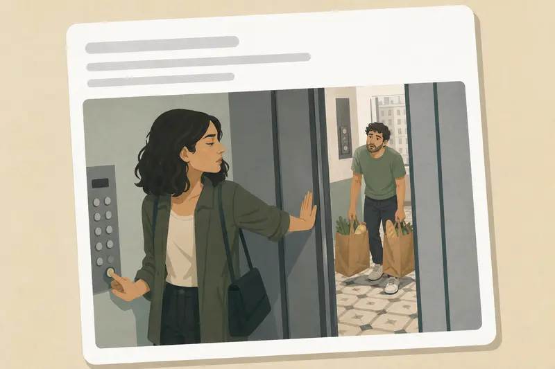 Cover illustration for AITJ for closing the elevator door on a man carrying heavy grocery bags?, A0 Spanish story