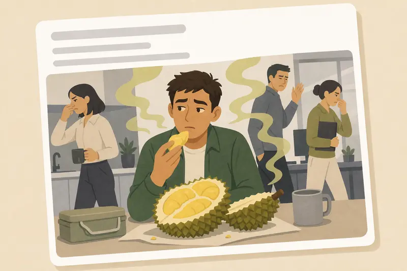 Cover illustration for AITJ for bringing a very smelly fruit to my office for lunch?, A2 Spanish story