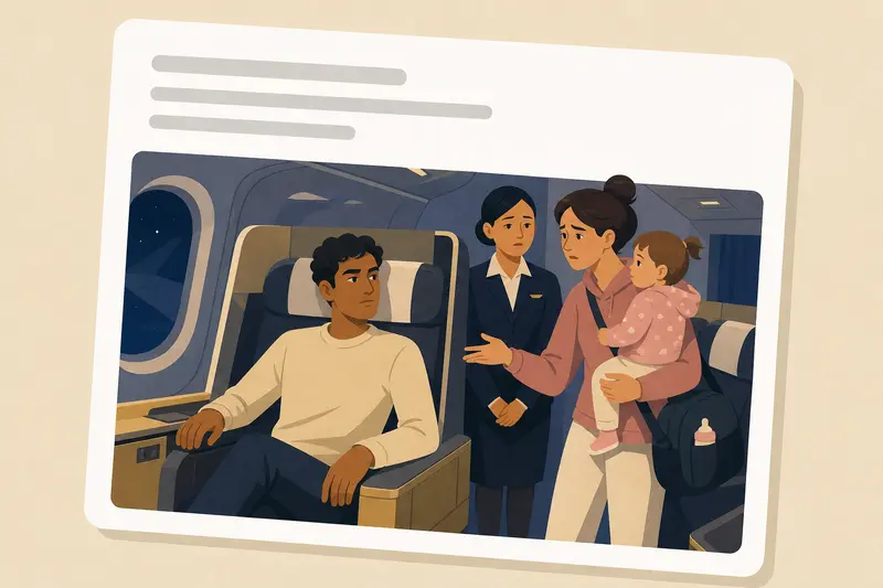 Cover illustration for AITJ for refusing to swap my pre-booked first-class window seat so a young mother could sit next to her toddler?, C1 Spanish story