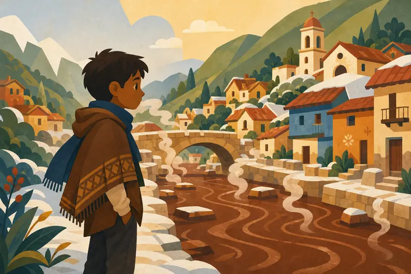 Cover illustration for The Chocolate River, A1 Spanish story