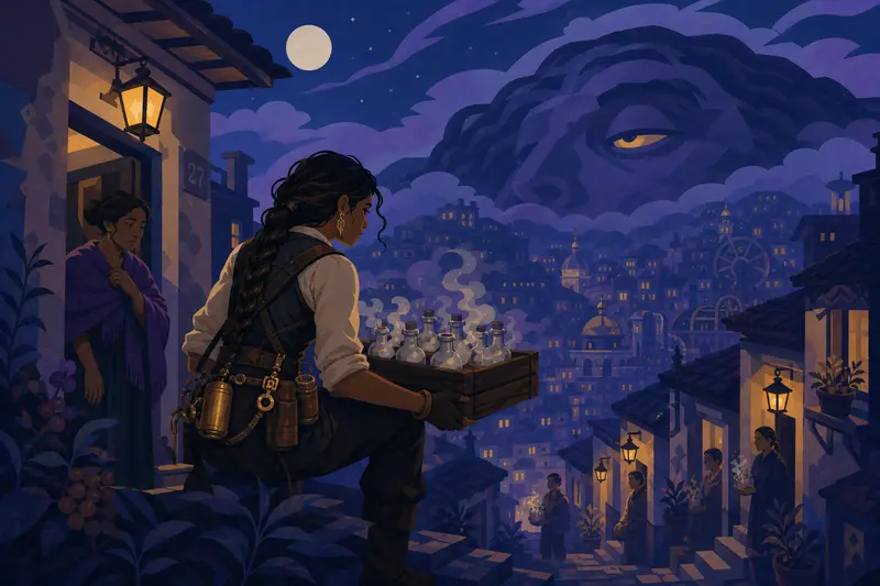 Cover illustration for The Ferrywoman of Smoke, C2 Spanish story