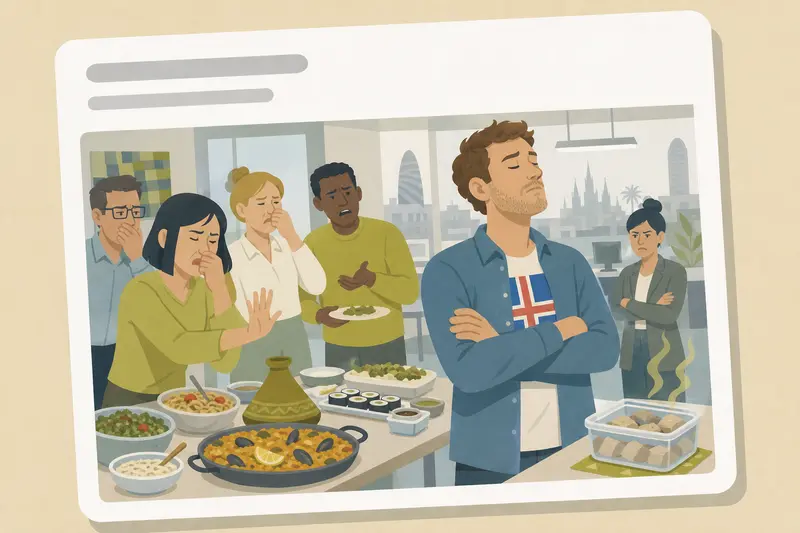Cover illustration for AITJ for bringing authentic fermented shark to the office international potluck and refusing to remove it when colleagues complained about the smell?, C1 Spanish story