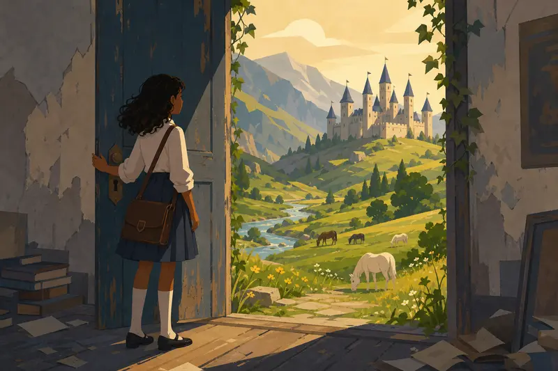 Cover illustration for The Valley Behind the Door, A1 Spanish story