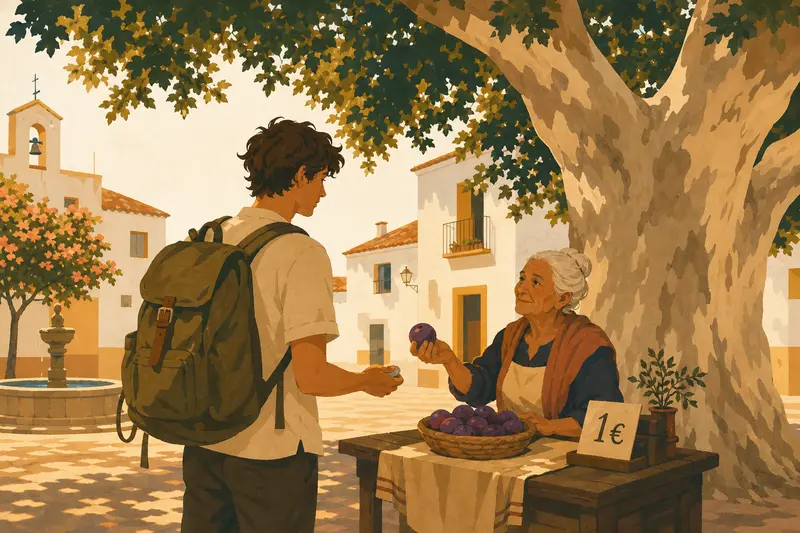 Cover illustration for One Euro, One Purple Fruit, A0 Spanish story