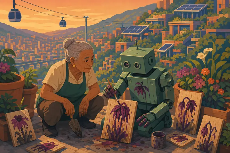 Cover illustration for The Robot Who Painted Sick Flowers, A2 Spanish story