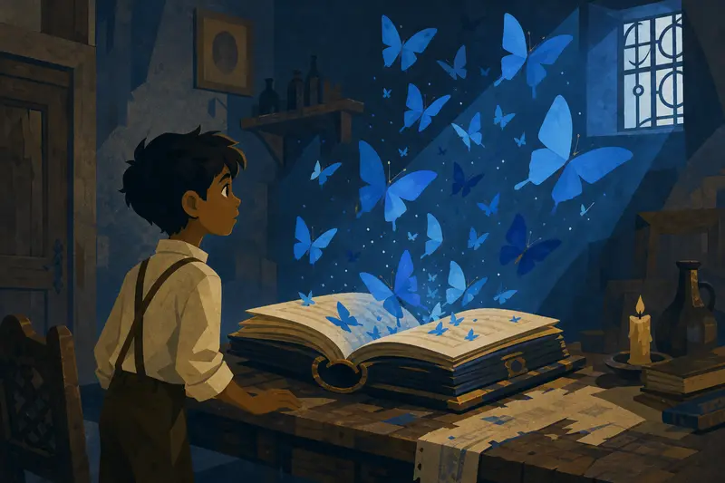 Cover illustration for The Book of Blue Butterflies, A0 Spanish story