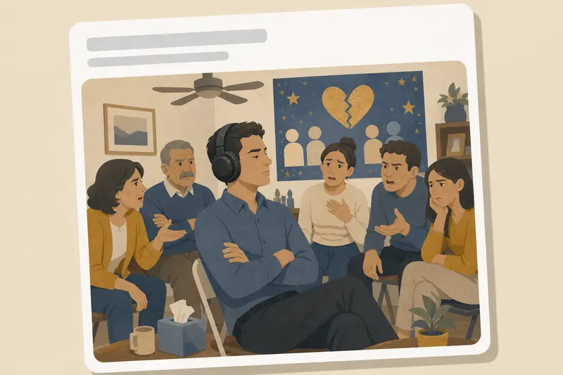 Cover illustration for AITJ for wearing industrial-grade noise-canceling headphones to a family intervention organized specifically to address my alleged emotional unavailability and aloofness?, C2 Spanish story
