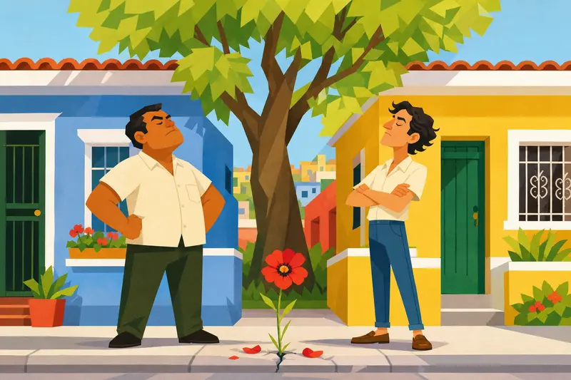 Cover illustration for Two Houses and One Red Flower, A0 Spanish story