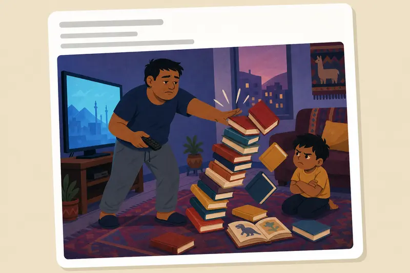 Cover illustration for AITJ for knocking over my kid's book tower to watch TV?, A0 Spanish story