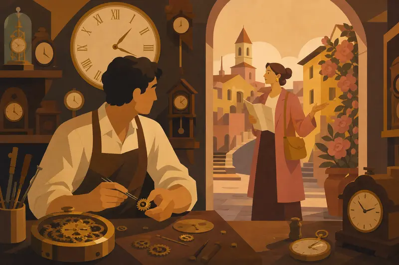Cover illustration for The Clockmaker Who Lost an Hour, B2 Spanish story