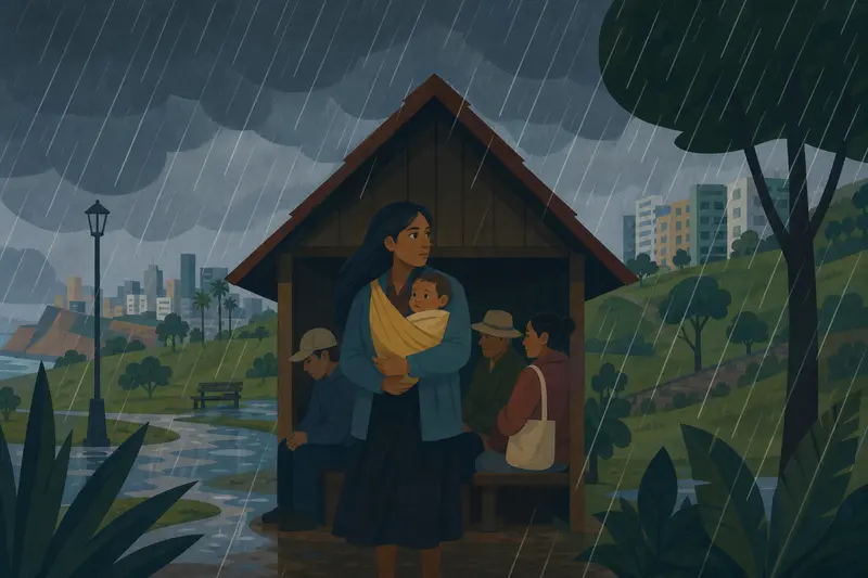 Cover illustration for The Rain and the Little House, A0 Spanish story