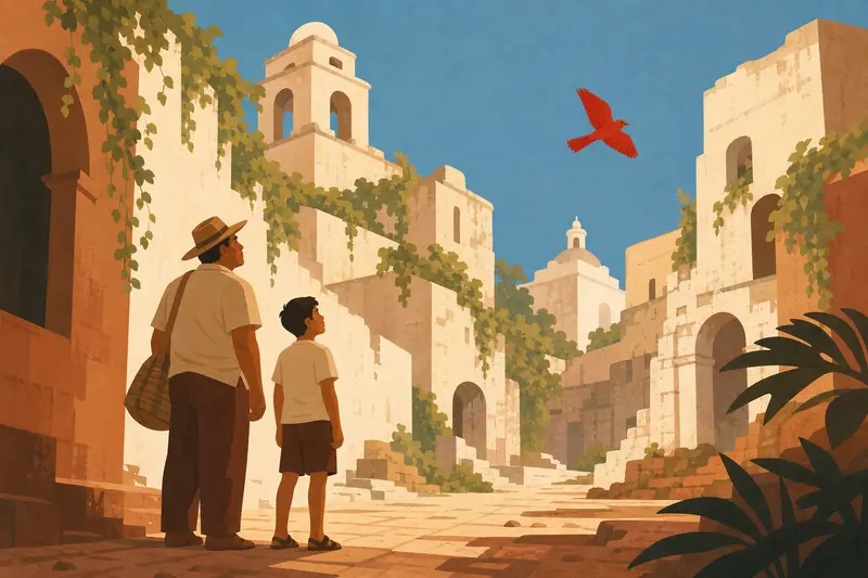 Cover illustration for The Red Bird in the Old City, A0 Spanish story