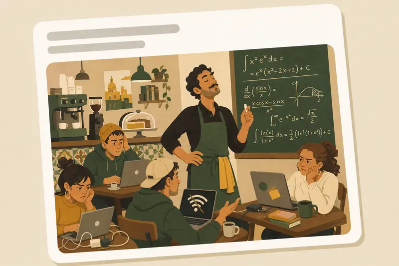 Cover illustration for AITJ for changing the Wi-Fi password at my café every hour to a different, complex calculus answer to discourage 'campers' who buy a single espresso and occupy a table all day?, C2 Spanish story