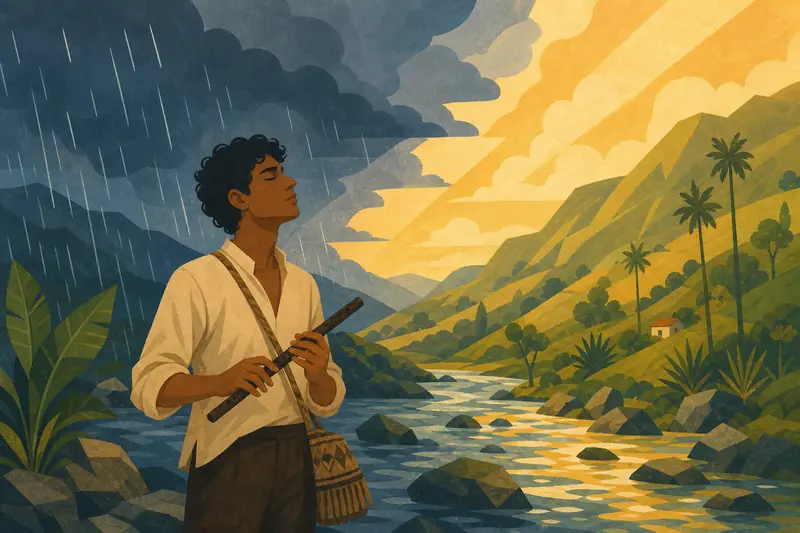 Cover illustration for The Flute Between Rain and Sun, B1 Spanish story