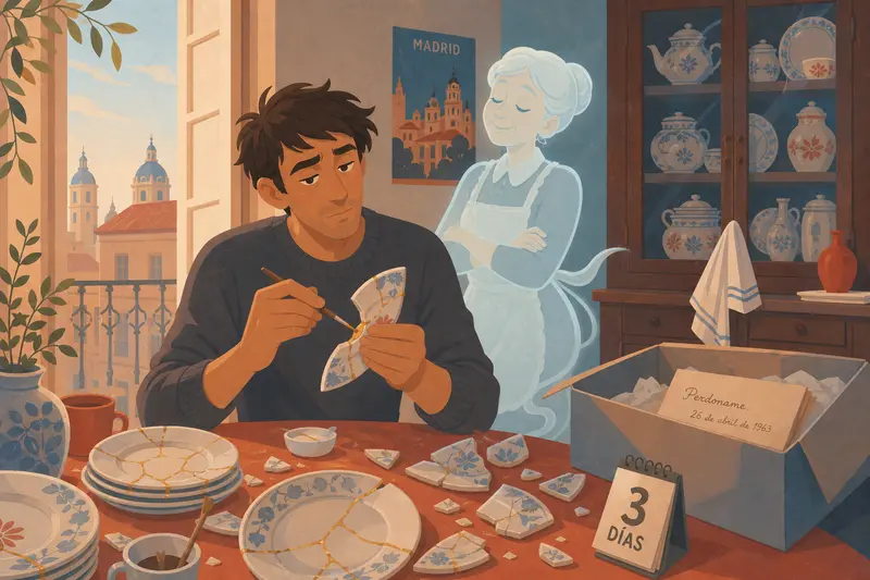 Cover illustration for Twelve Plates and a Sixty-Year-Old Apology, B1 Spanish story