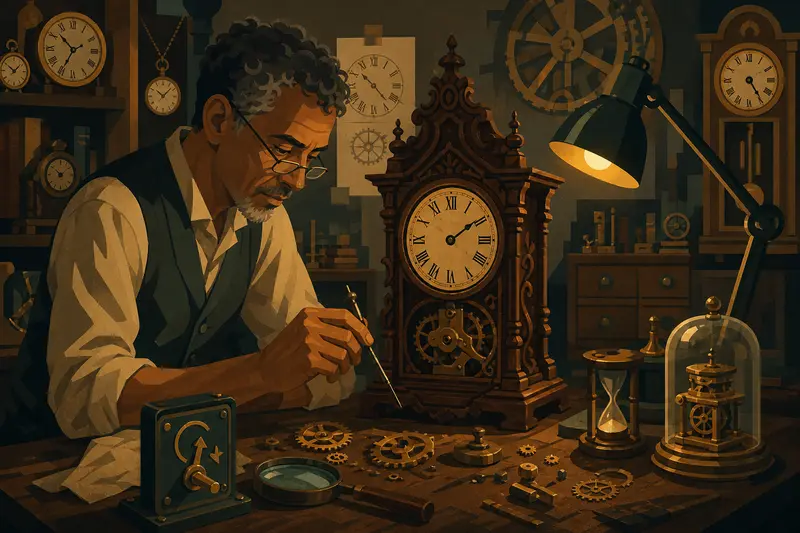 Cover illustration for The Clockmaker's Hour, B2 Spanish story
