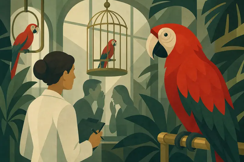 Cover illustration for The Parrots Who Knew Too Much, B1 Spanish story