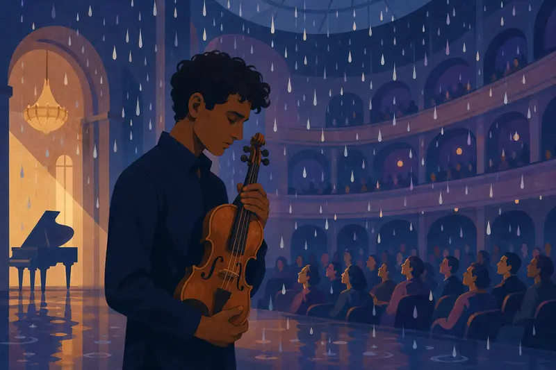 Cover illustration for The Violin That Makes Rain, A1 Spanish story
