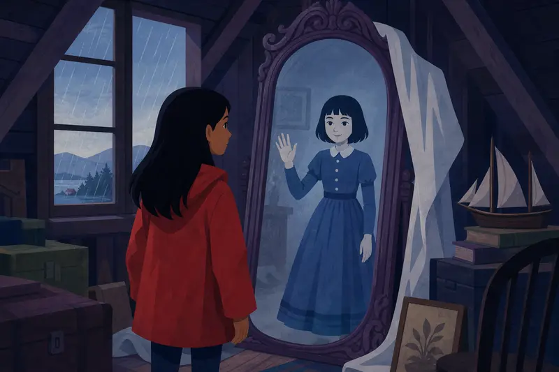 Cover illustration for The Blue Dress in the Mirror, A1 Spanish story