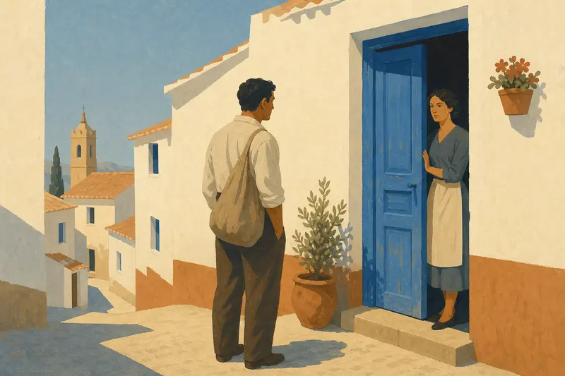 Cover illustration for The Blue Door, A0 Spanish story